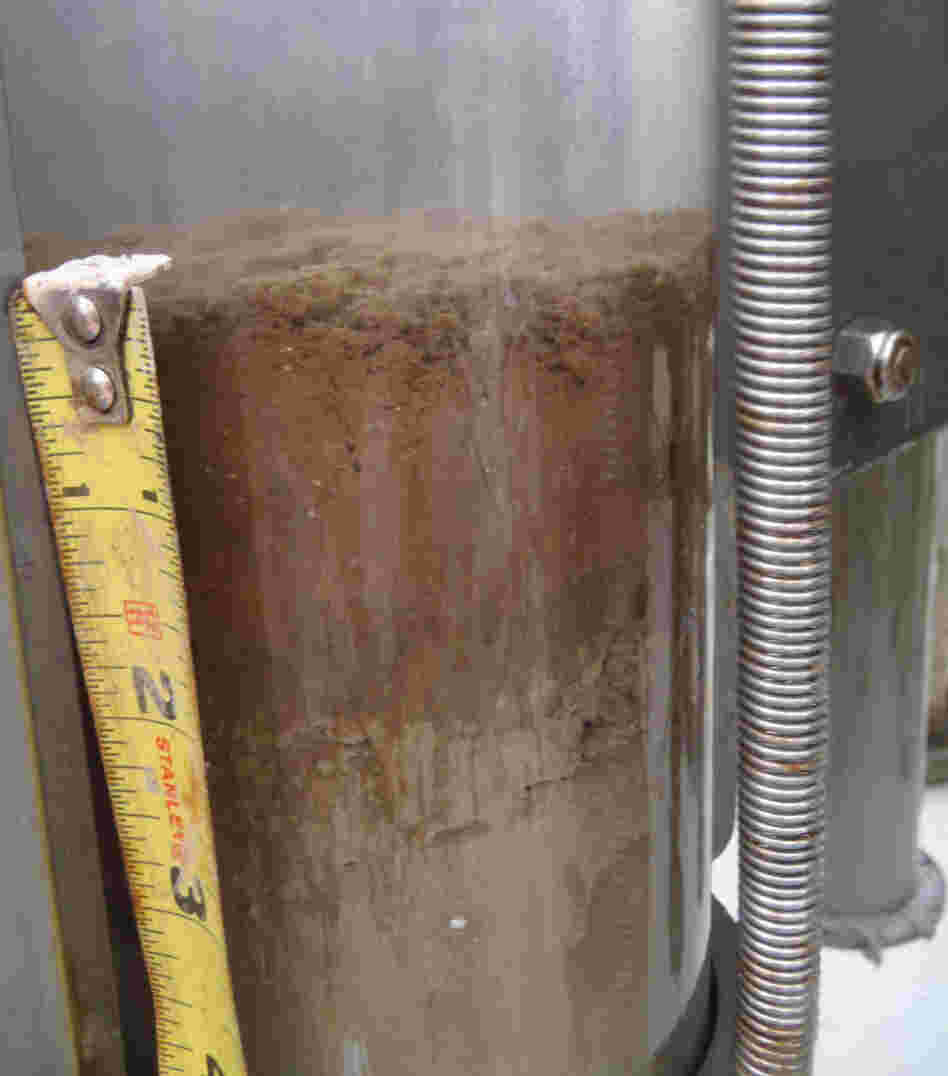 A core sample from the seafloor of the Gulf of Mexico showing a thick layer of oil. A core sample from the seafloor of the Gulf of Mexico showing a thick layer of oil.